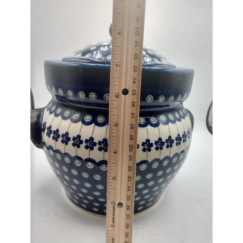 Handmade Polish Pottery Fermenting Crock With Lid & Handles - Boleslawiec U4 - B